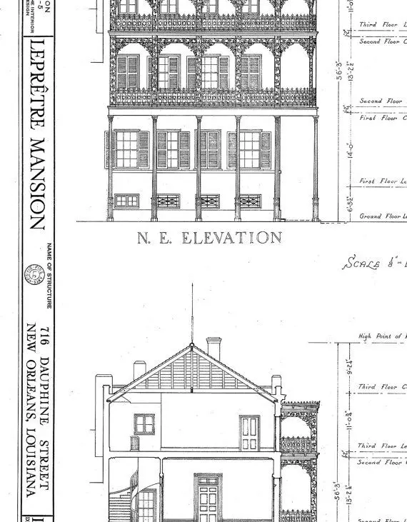 New Orleans French Quarter Mansion Architectural Drawing Blueprint Elevations and sections