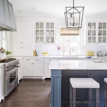 A navy kitchen island