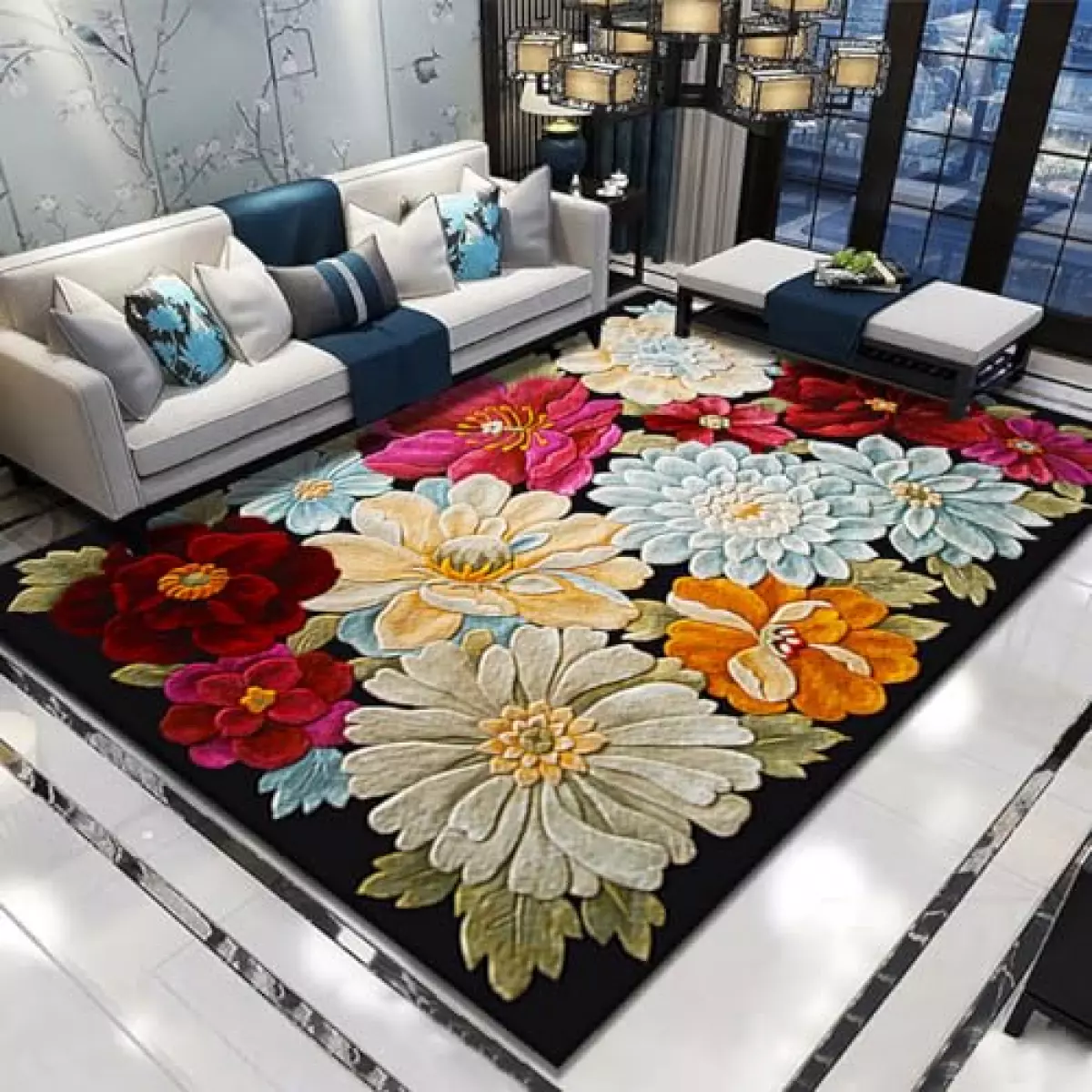 Qkjtyt Modern Colorful Blooming Flowers Area Rug