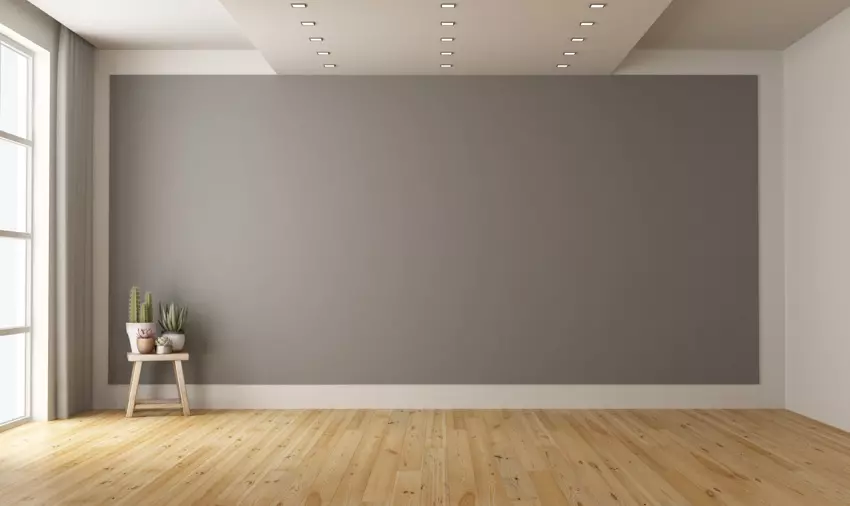 Living room with gray walls, dining table, chairs, couches, and sliding glass door