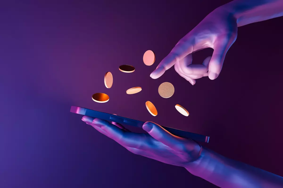 futuristic 3d hands holding a cell phone with coins on the screen with neon lights