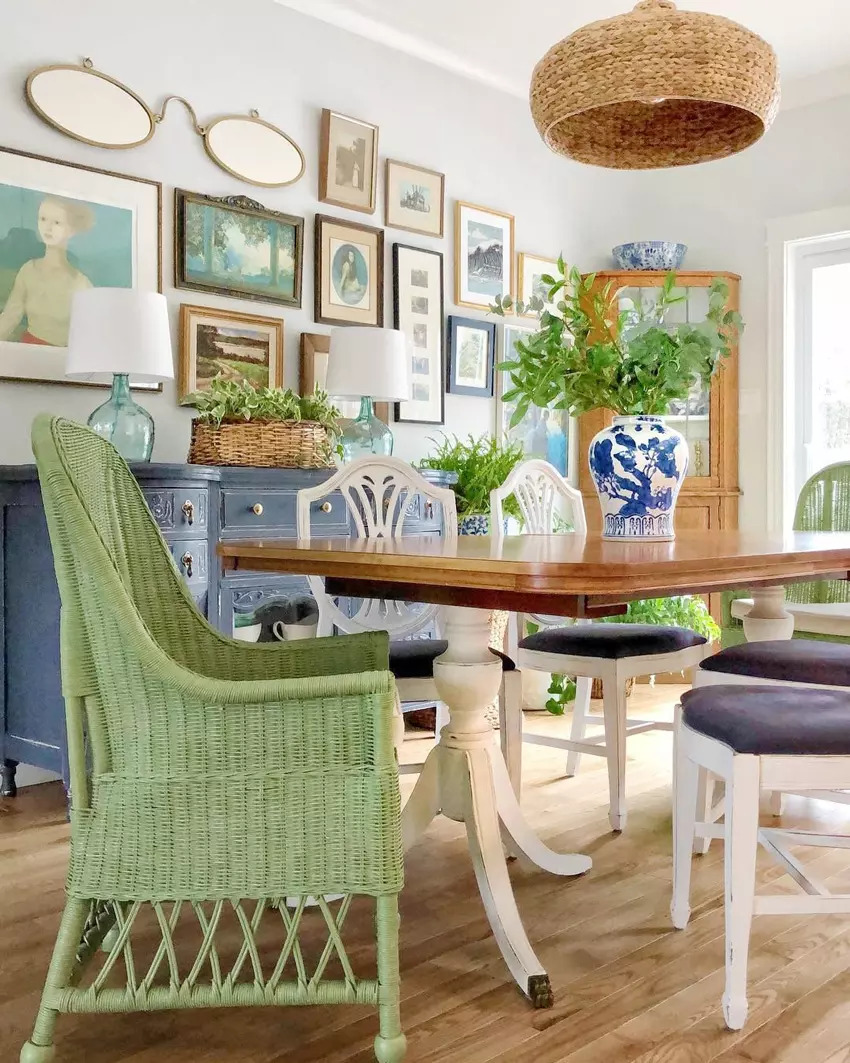 Dining Set mixed with green wicker dining chairs