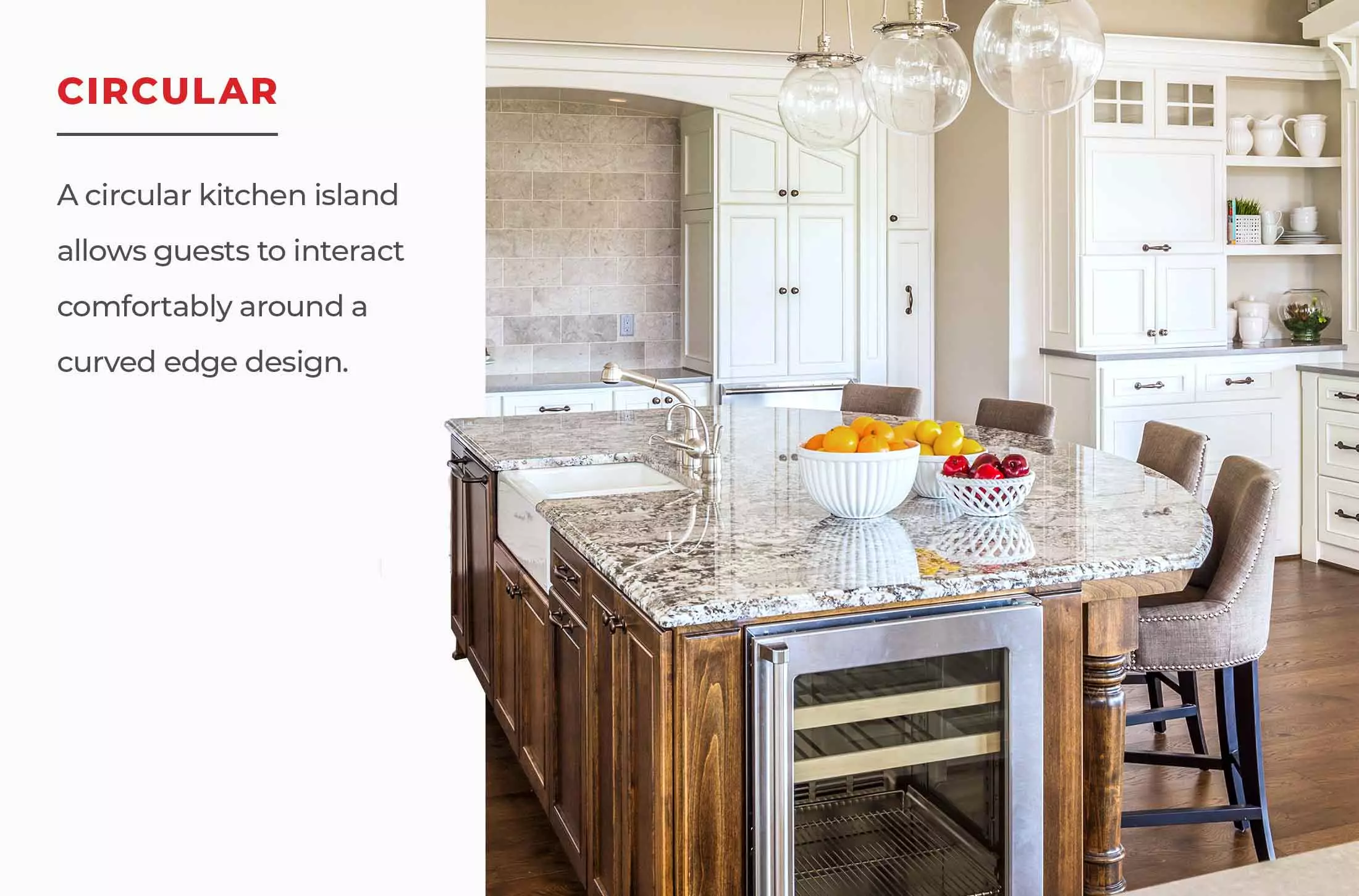 A circular kitchen island layout allows guests to interact comfortably around a curved edge design.