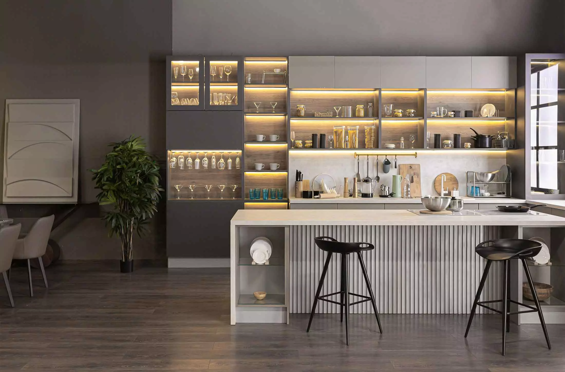 Kitchen island with open shelves on end.