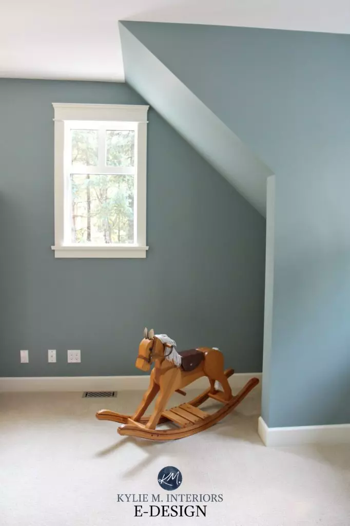 Benjamin Moore Sea Star with beige carpet. Best blue paint color. Kylie M Interiors Edesign, online paint color expert and blogger