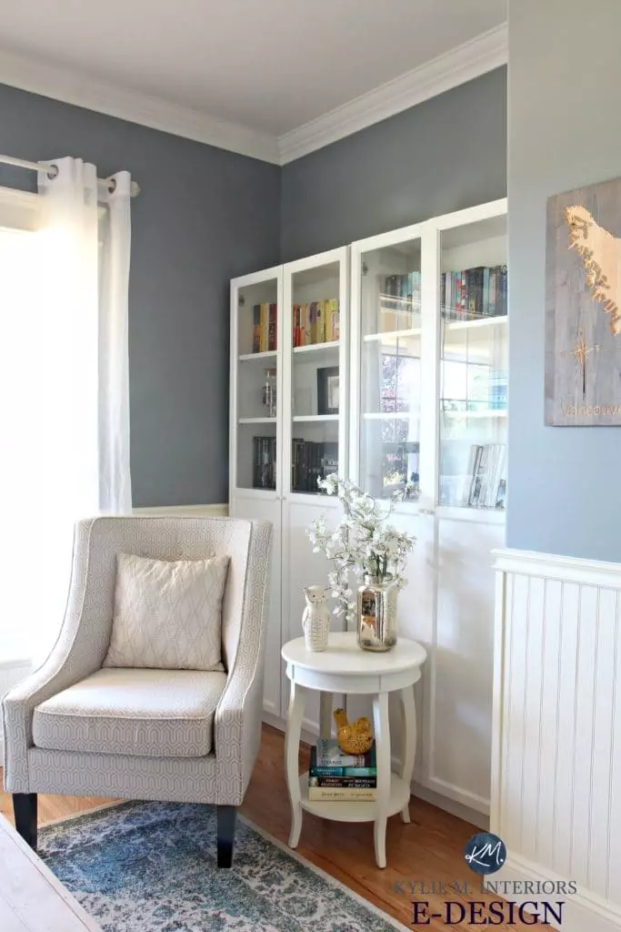 Best blue-green paint color. Benjamin Moore Sea Pine, Stonybrook. Ikea bookcases. Kylie M E-design, color expert and online consultant