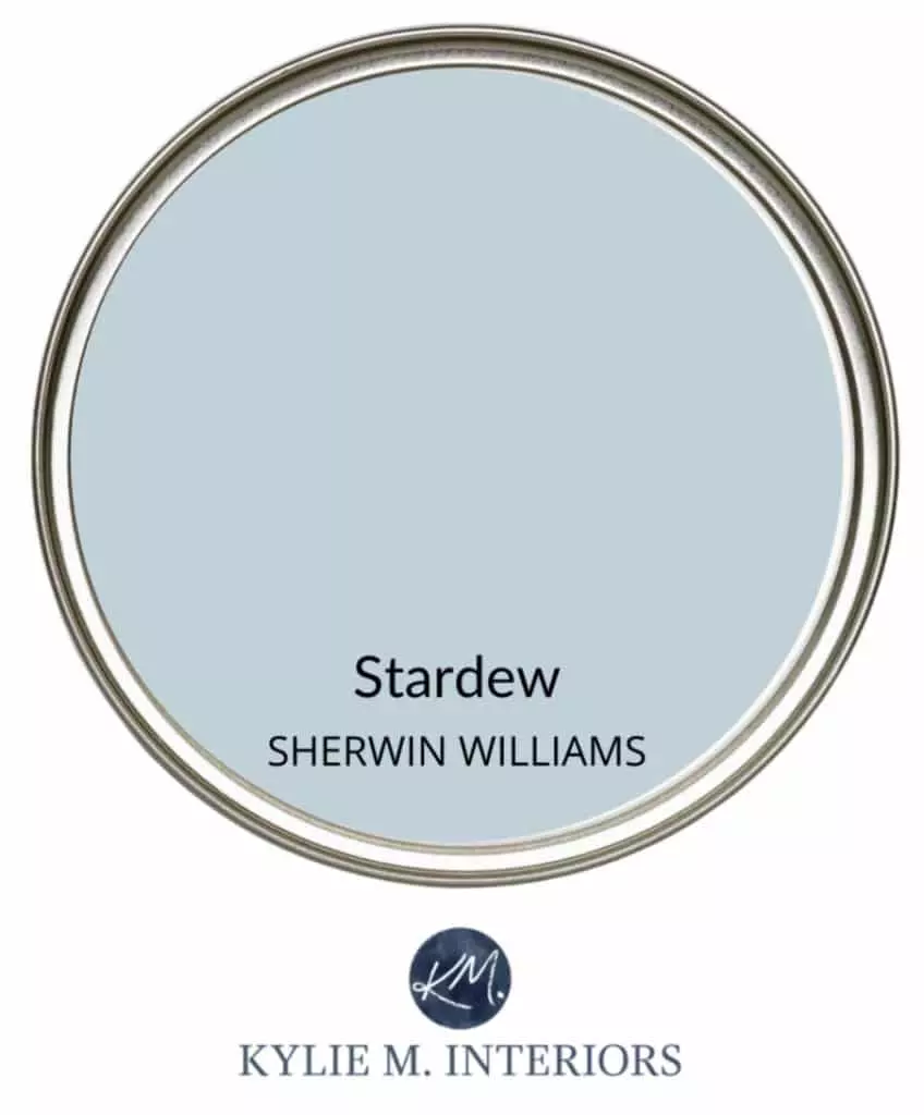 Sherwin Williams Niebla Azul with warm white trim. Beige carpet, Kylie M Interiors Edesign, DIY design ideas, and advice. Consulting blog