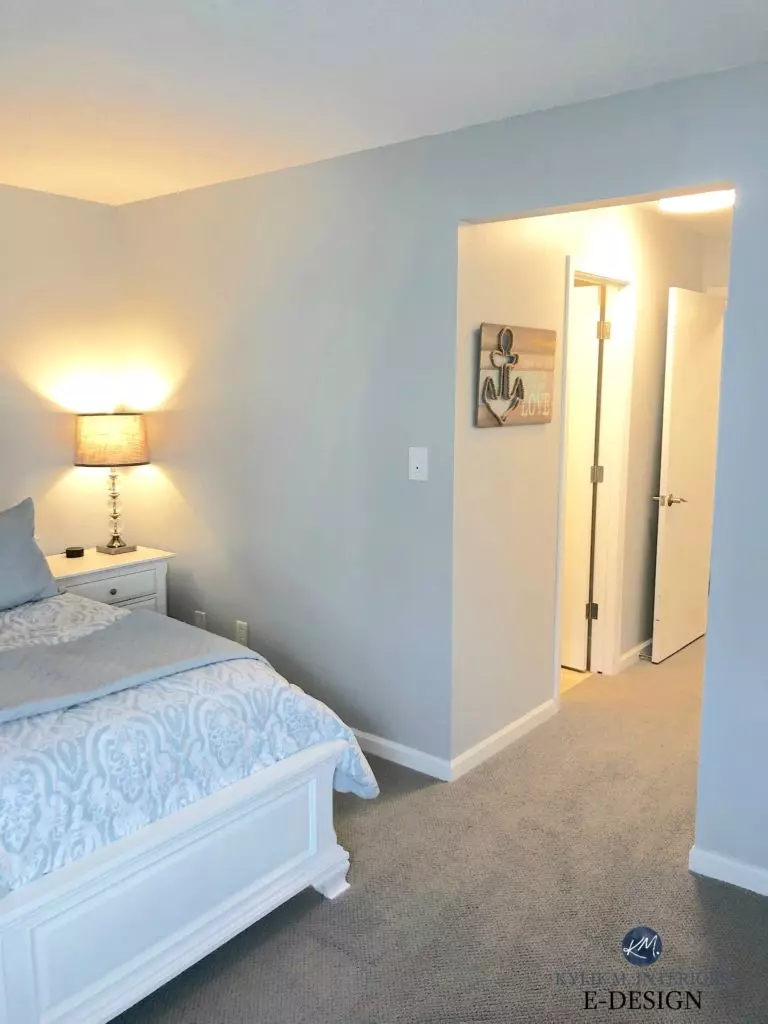 Sherwin Williams Tinsmith, best gray paint color in a guest or master bedroom with gray carpet and cream-colored furniture. Kylie M Interiors Edesign, online paint color consultant