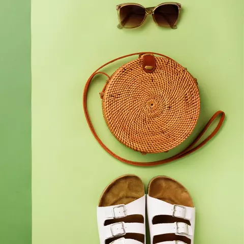 Comfortable sandals, hand-made purse, and sunglasses