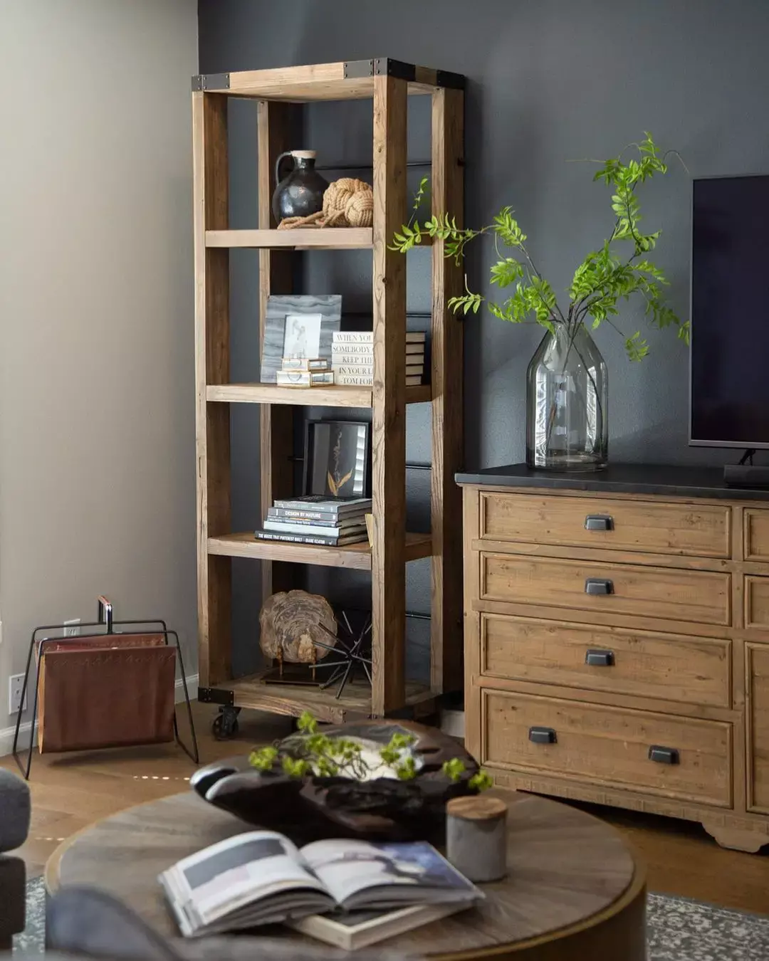 Wooden Floating Shelves on Gray Wall