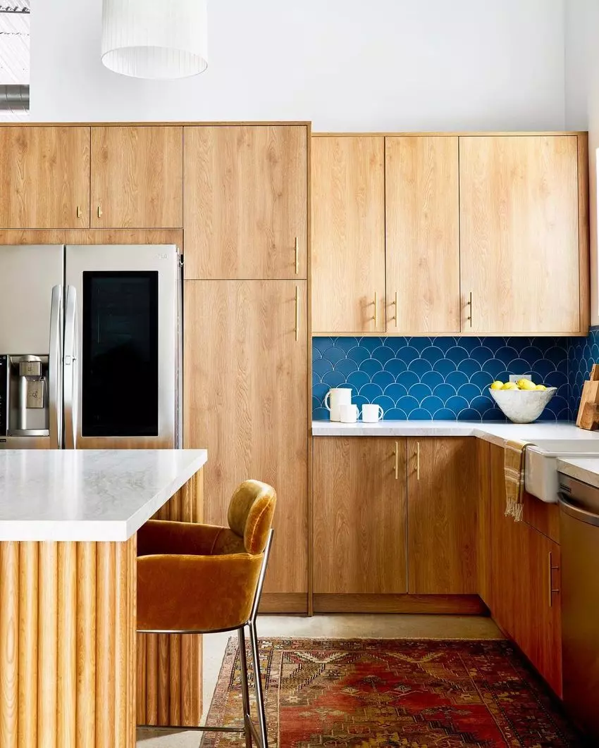 White Marble Backsplash Mid-Century Modern Kitchen via YellowTrace