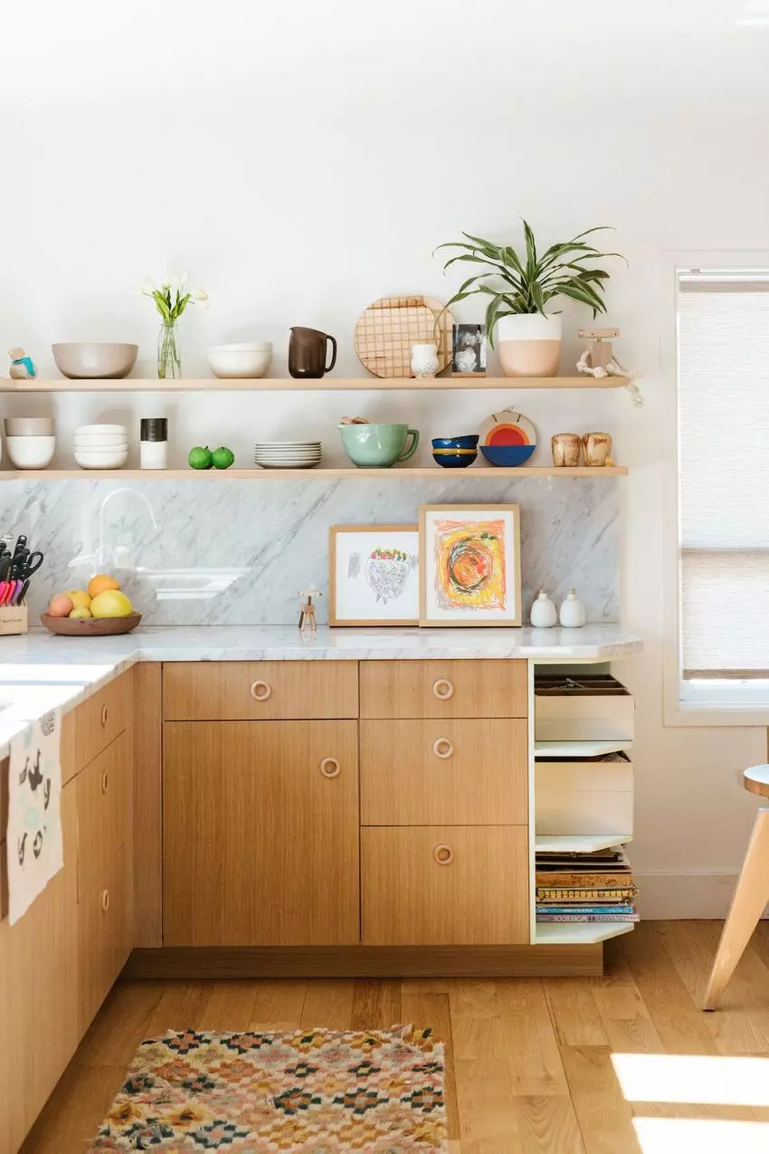 Gold Pendant Lights Mid-Century Modern Kitchen via Natalie Myers