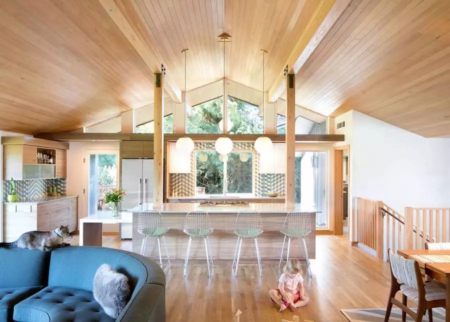 Orange Pendant Lights Mid-Century Modern Kitchen via Moderne Builders