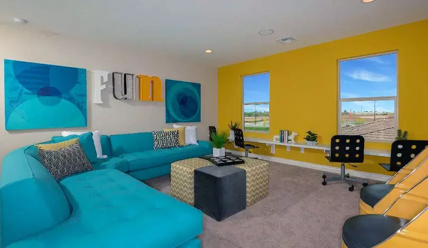 Traditional living room with two different shades of blue color walls