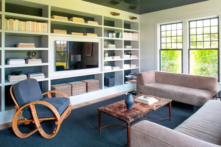 Living room with blue and white coffered ceiling