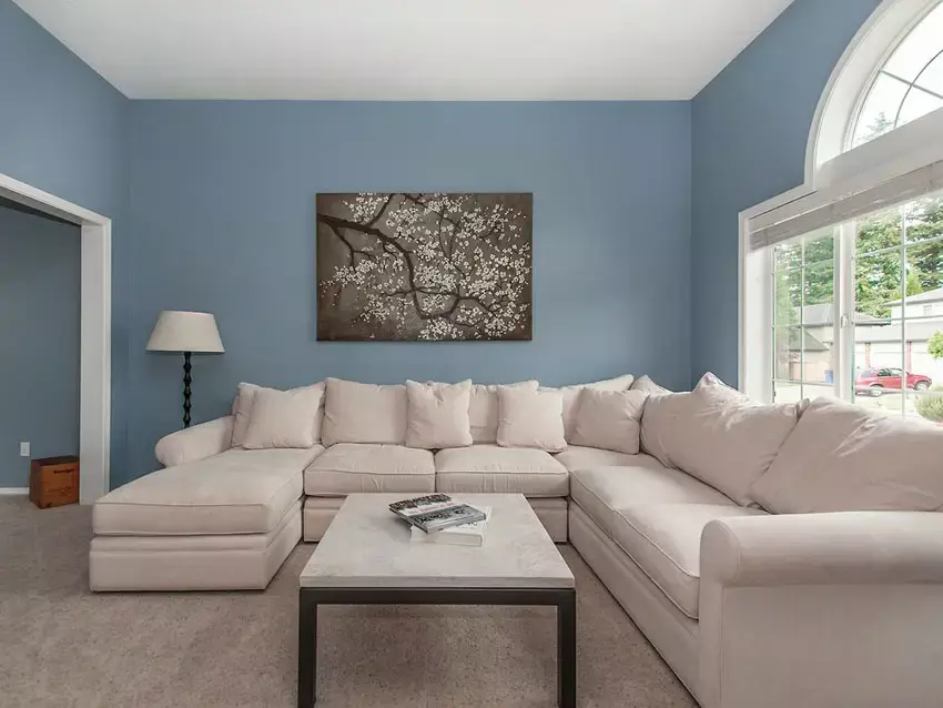 Traditional living room with crown molding and blue walls