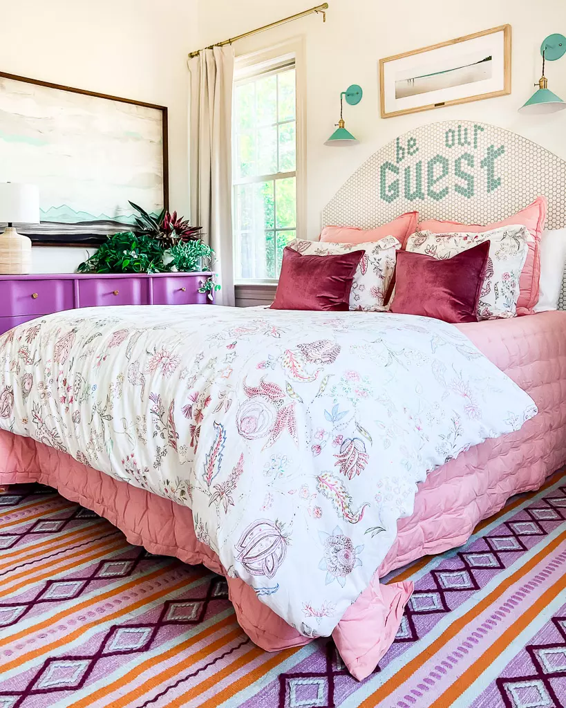 9 x 12 rug under king size bed in colorful bedroom