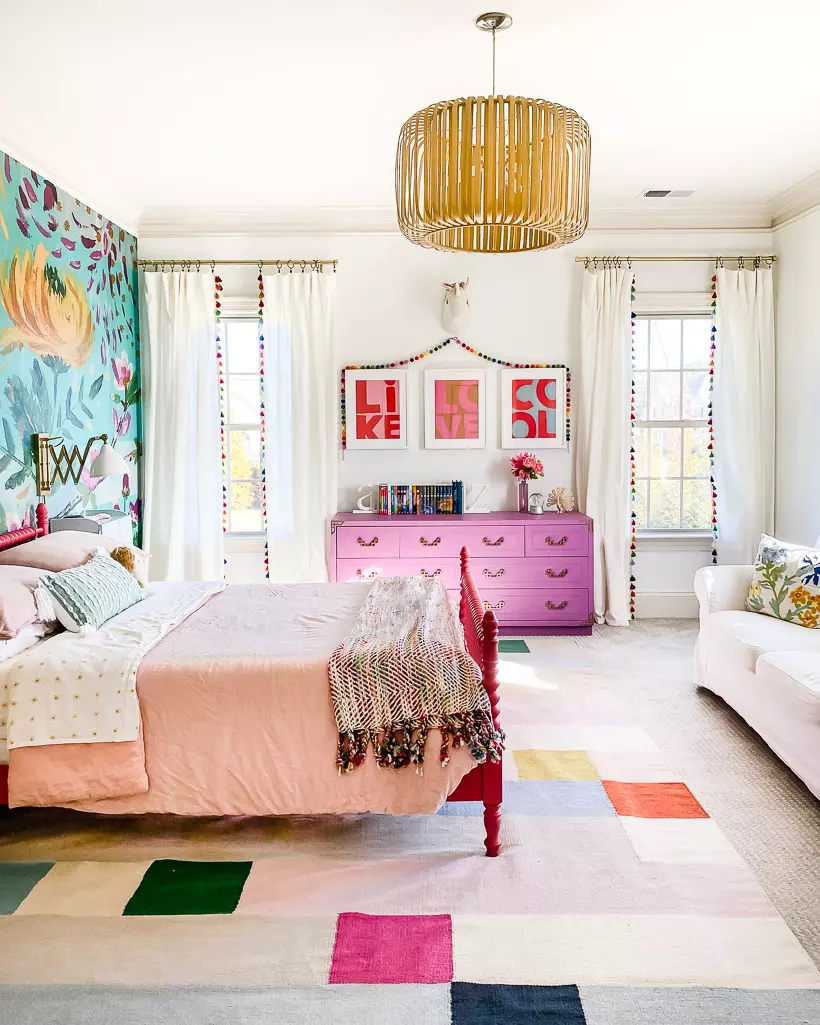 9' x 12' rug under full-size bed in colorful girl's bedroom