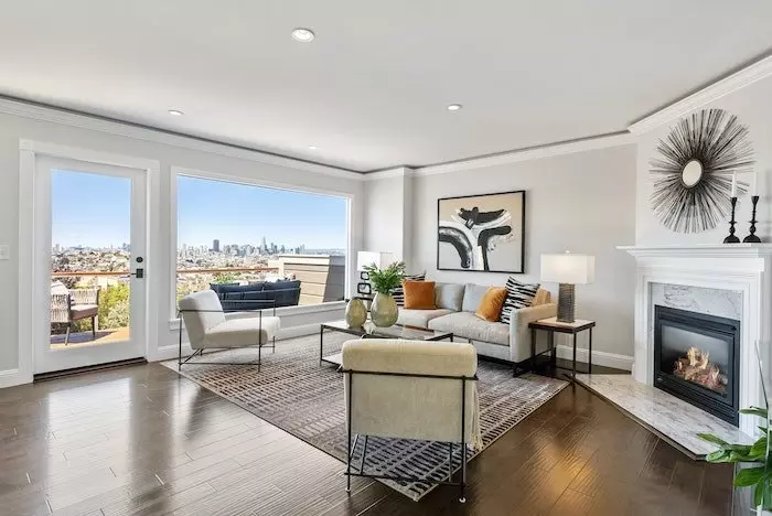 An example of interior real estate photography with a nice view of the city