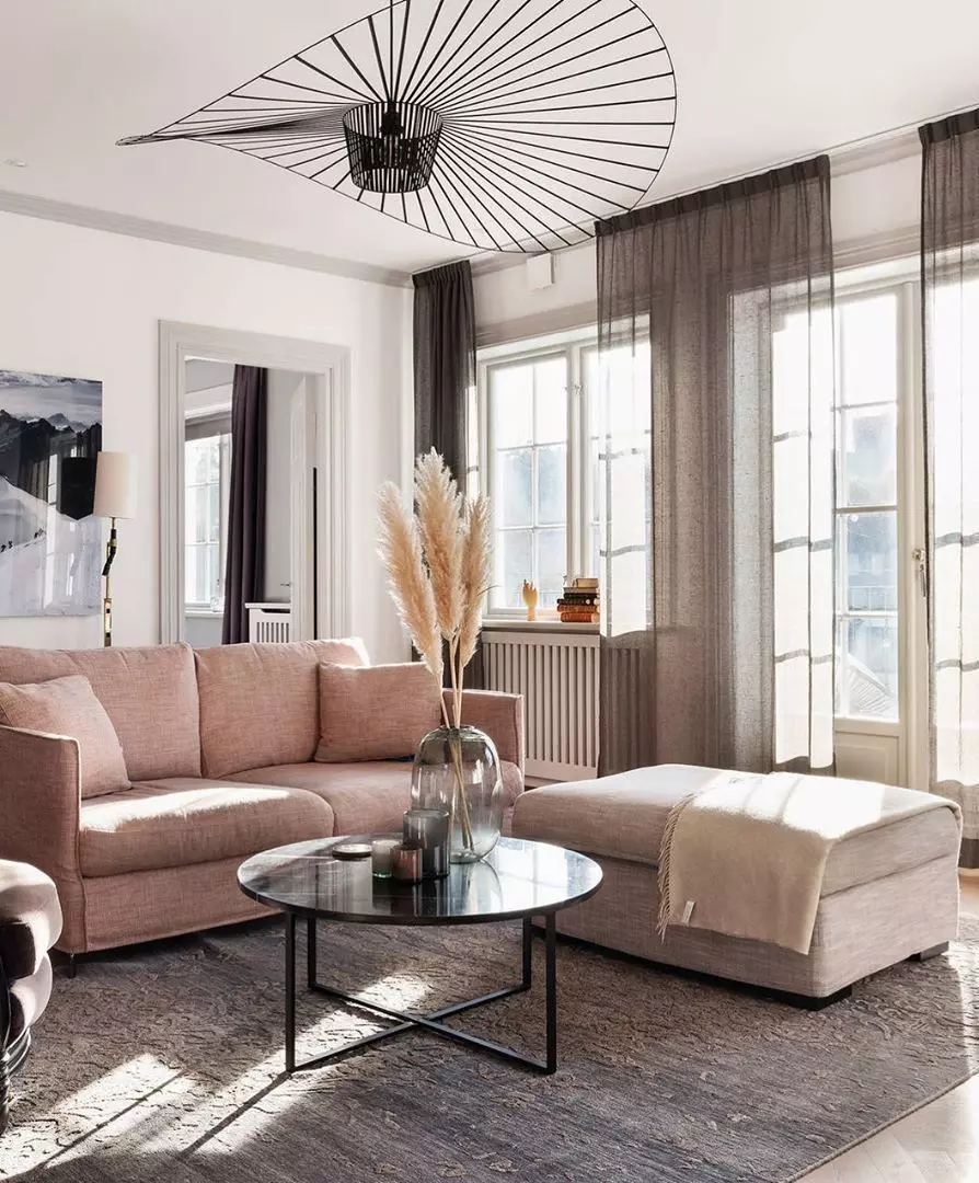 Exposed Wood Ceiling Beams in Scandinavian Living Room by @entrancemakleri