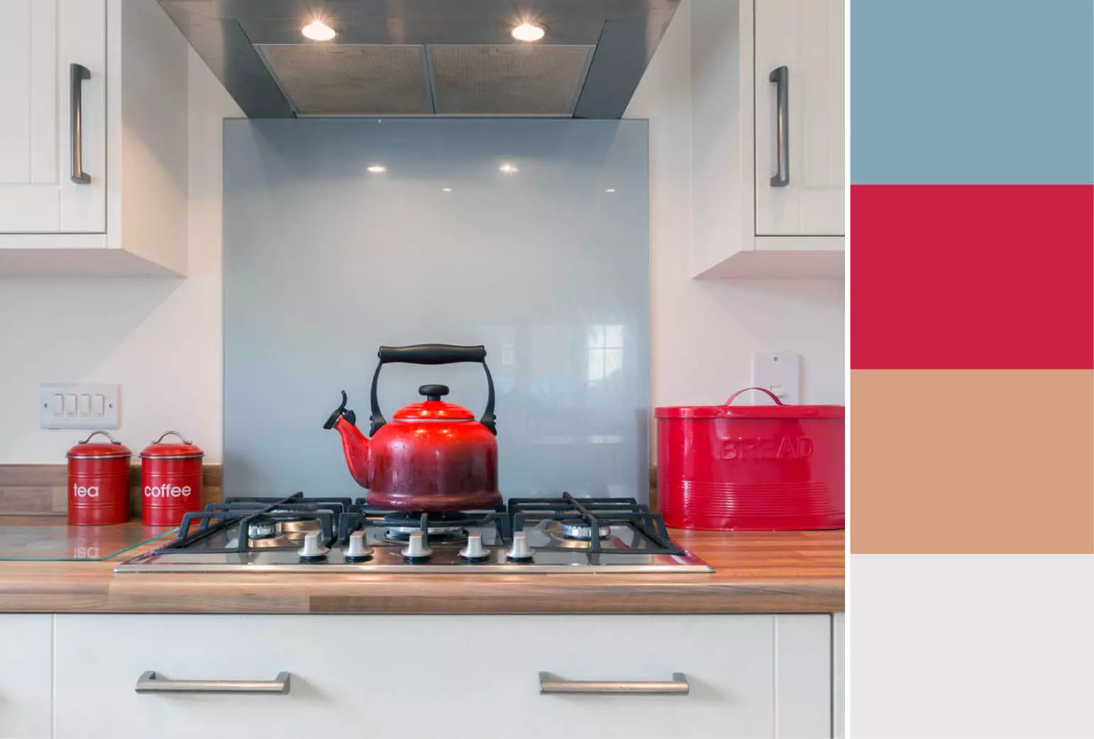 blue accent wall with red kettle