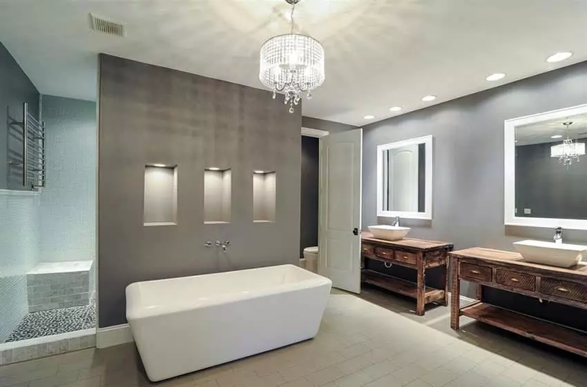 Modern bathroom with porcelain tile walls and flooring