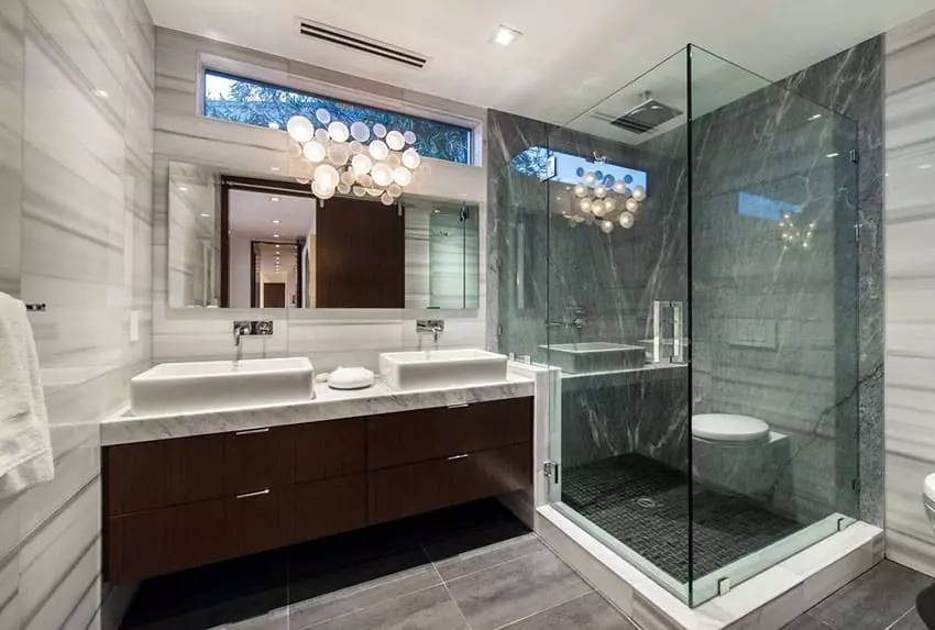 Modern bathroom with metallic mosaic wall tile