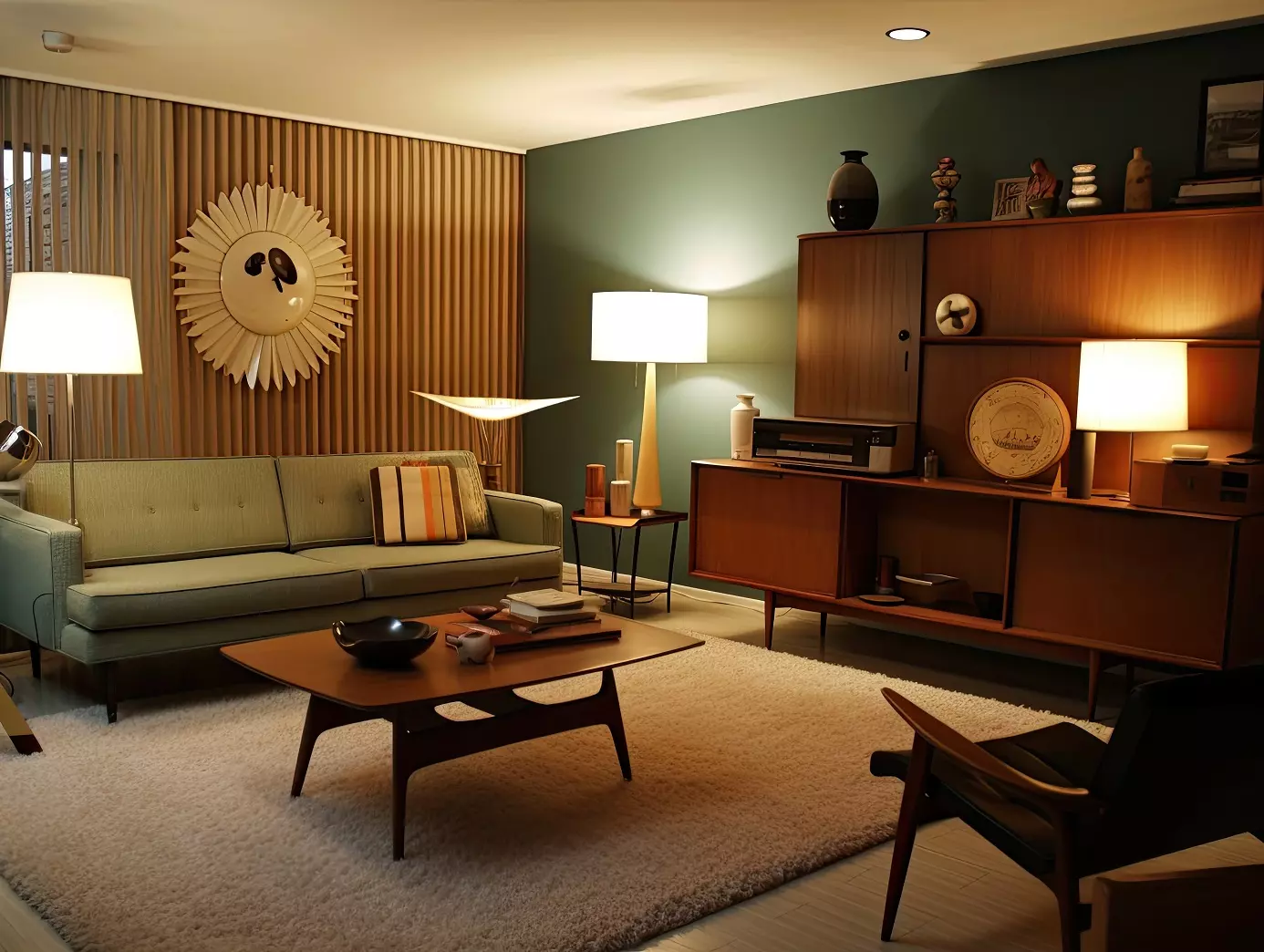 interior design of 1960s inspired living room, AI-generated