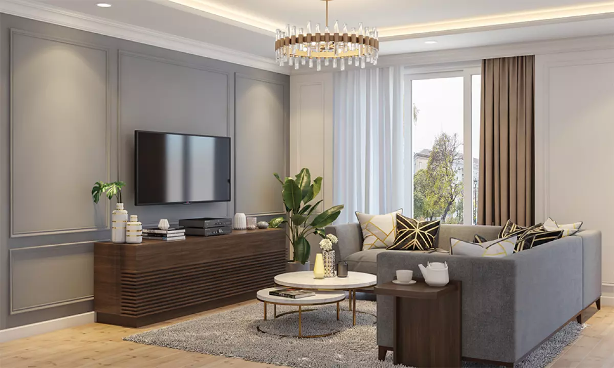 Modern classic living room interior design in grey, white and brown color scheme looks glam.