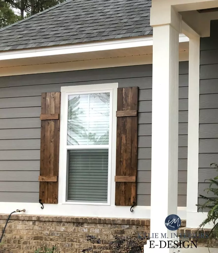 Exterior, Sherwin Williams Gauntlet Gray, gray roof, wood shutters minwax, brown brick, white trim