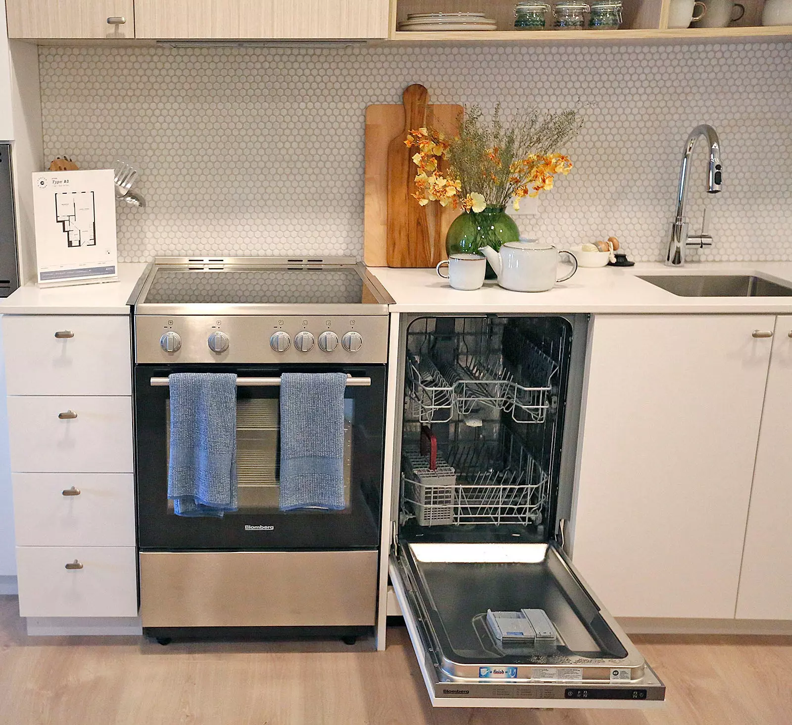 The kitchen of an apartment at Stone, a new apartment building in downtown Quincy.