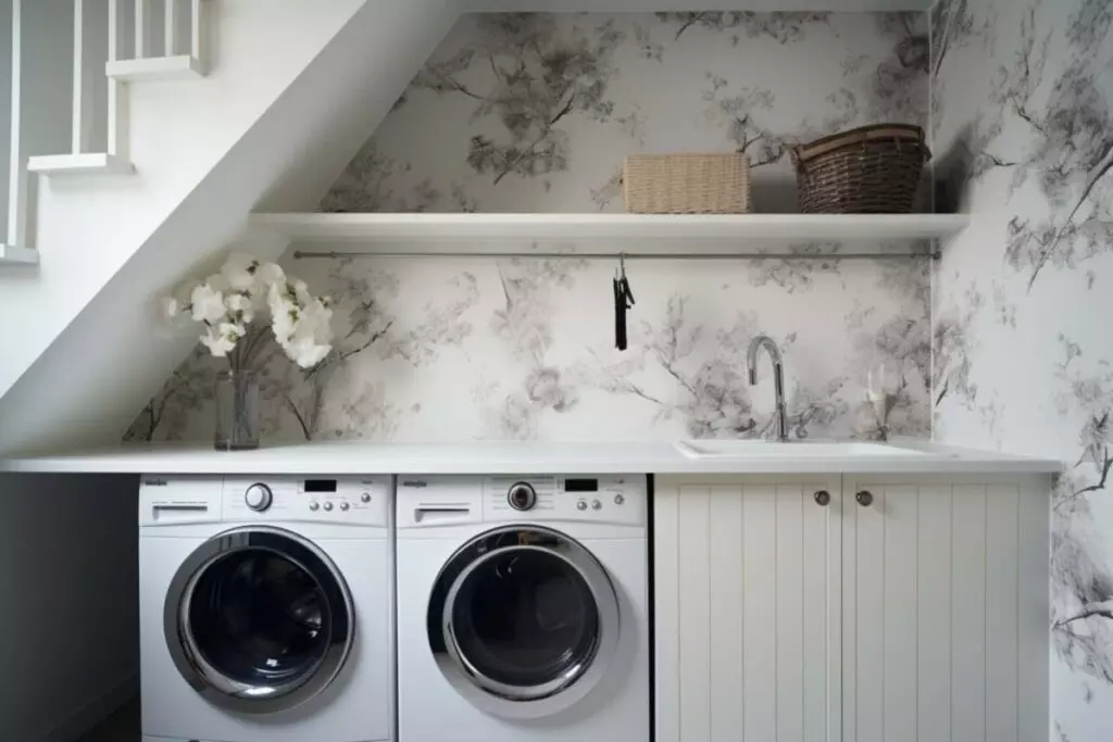 Laundry room with black and white wallpaper