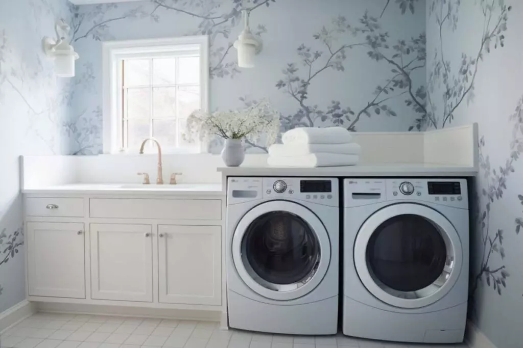 Laundry room with pink floral wallpaper