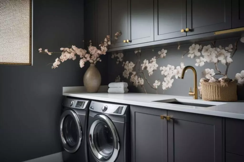 Laundry room with bright blue and yellow wallpaper