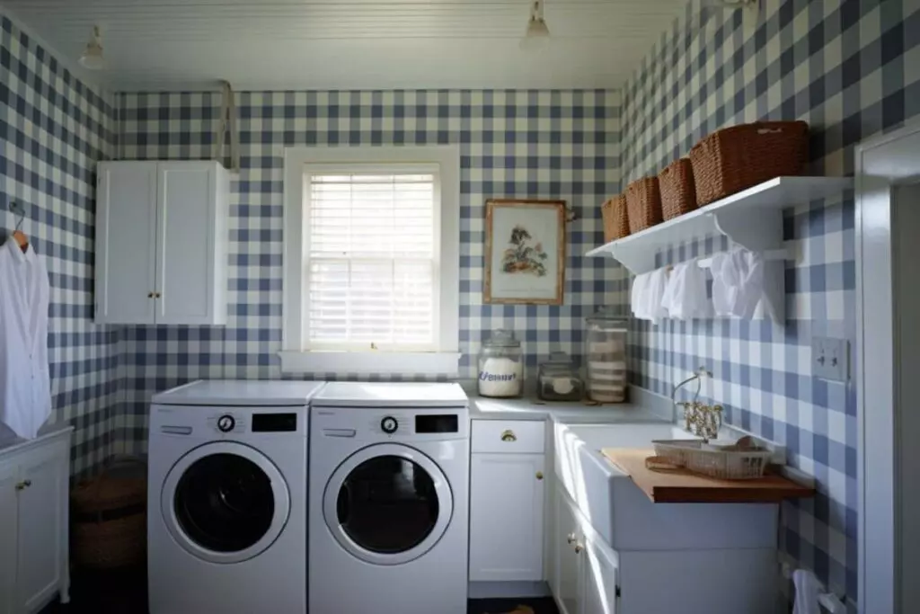 Laundry room with bright and colorful floral wallpaper