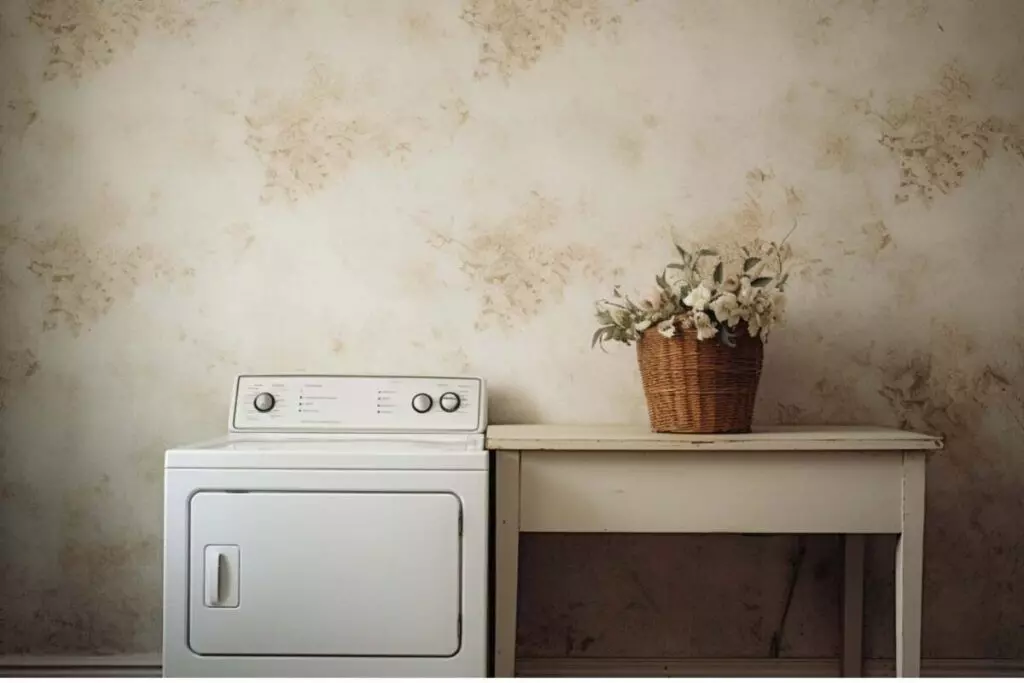 Laundry room with black and bright gold wallpaper