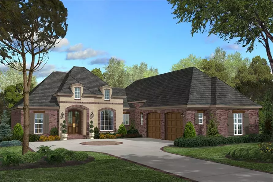 3-bedroom European style Ranch home with hip roof and brick-and-stucco exterior