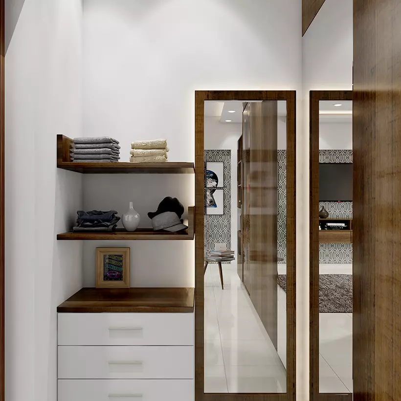 Dressing room design for bedroom with storage space built behind mirror