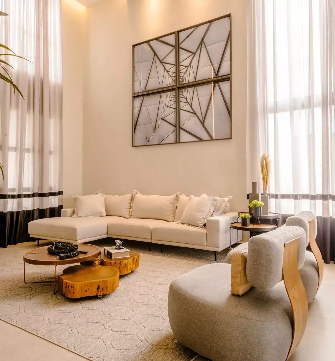 Cozy japandi living room embracing the warm white base color fully