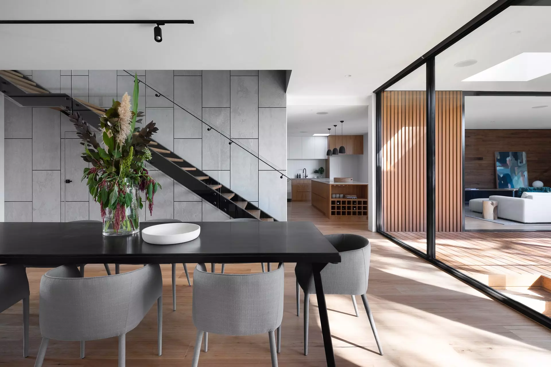 Full wooden accent wall in a japandi living space