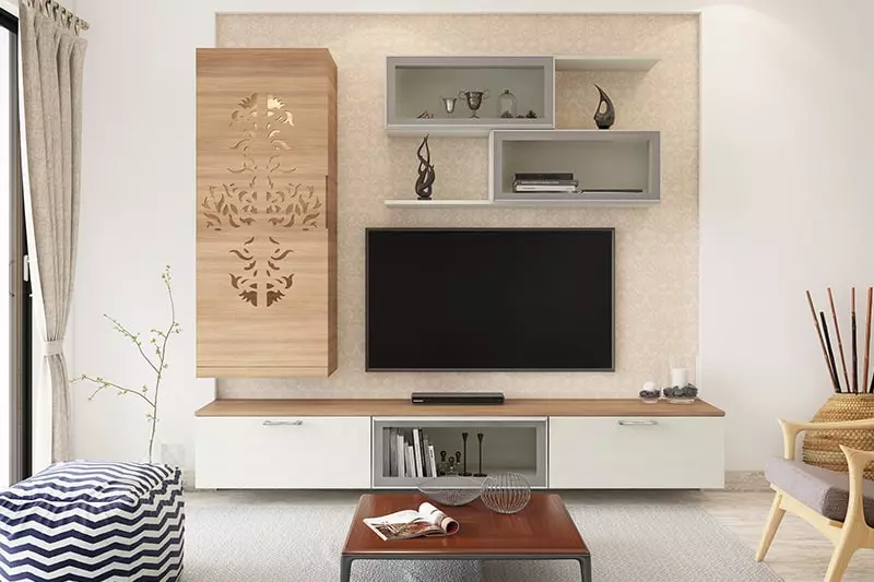 Simple wooden showcase designs for hall to make a sleek look