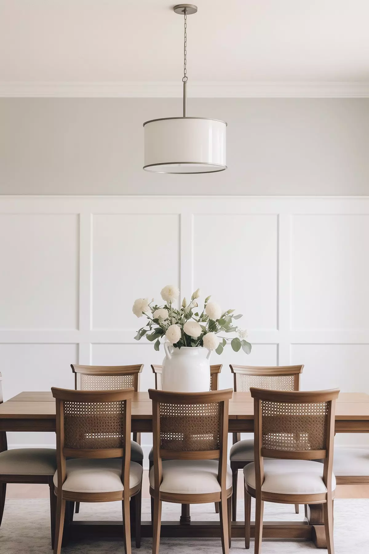 dining room with wooden table and chairs and walls painted Sherwin Williams Crushed Ice.