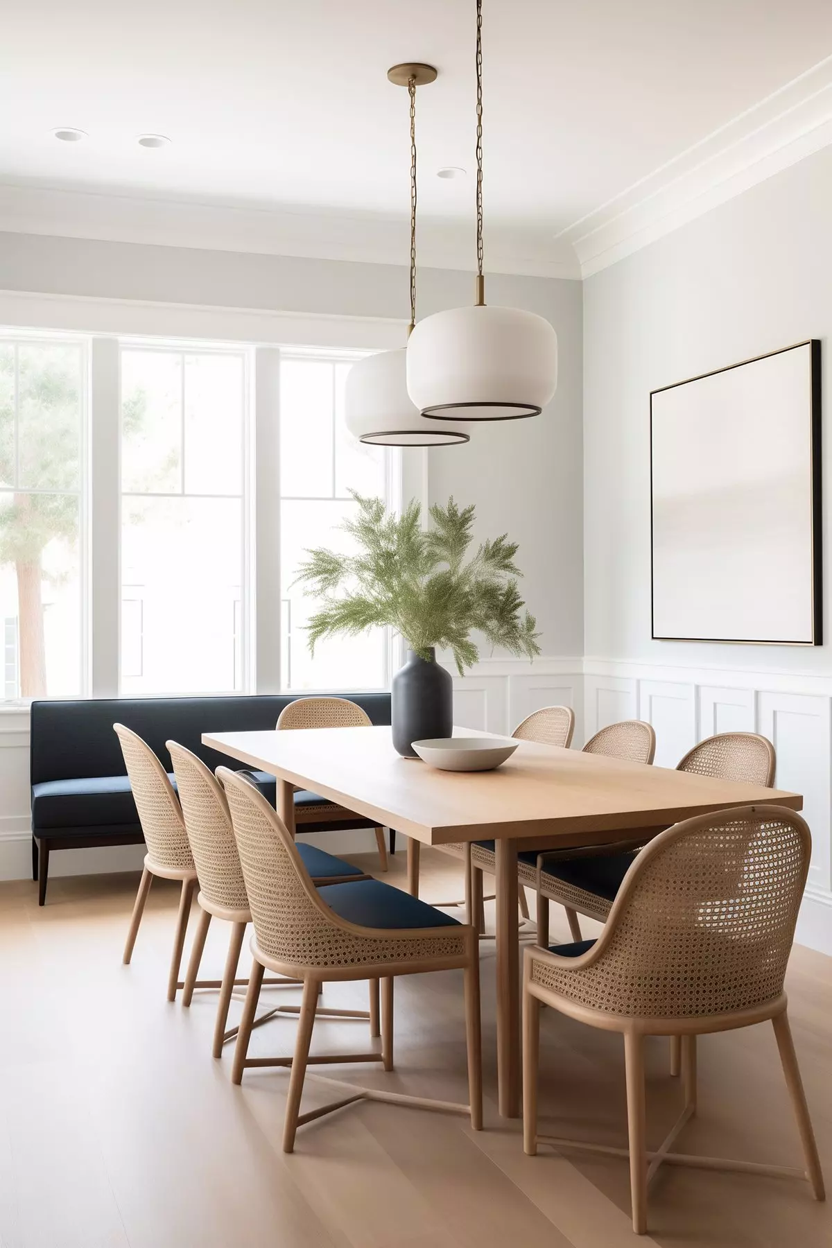 dining room with wooden table and chairs, pendant lights and walls painted Sherwin Williams Drift of Mist.