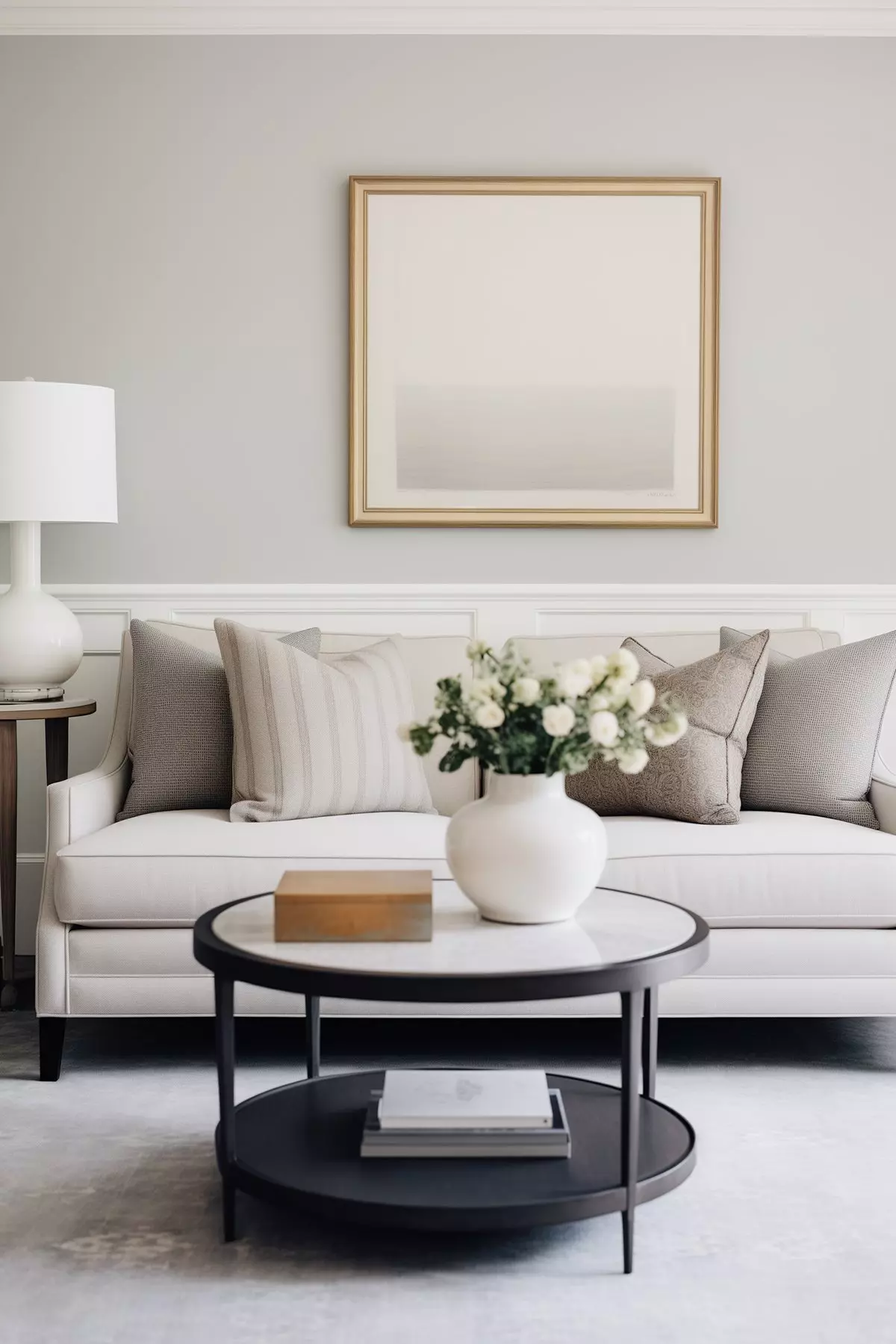 sitting room with light-colored couch, black coffee table and walls painted Sherwin Williams On the Rocks.