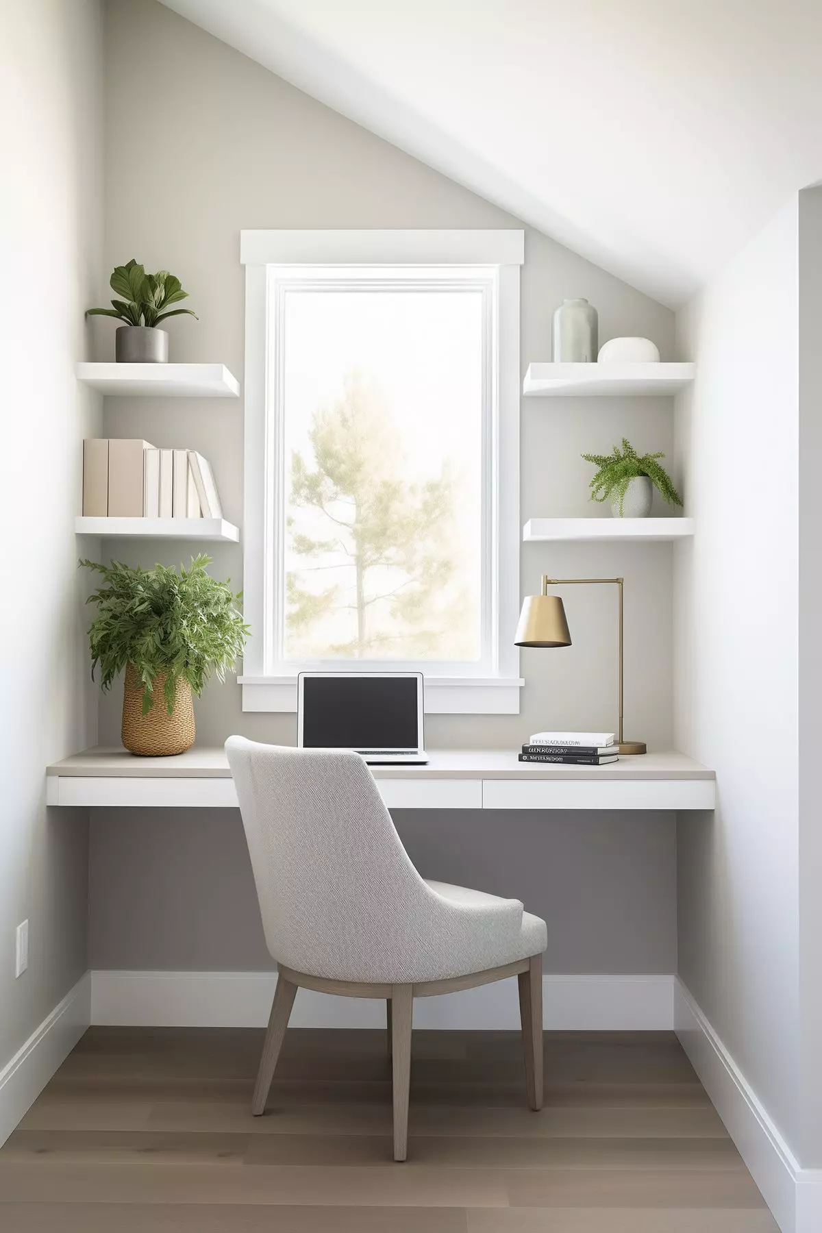 Bedroom nightstand with lamp and vase of flowers. The walls are painted Benjamin Moore Gray Owl.