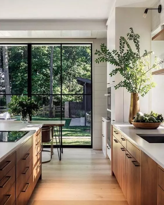 Natural wood kitchen cabinets