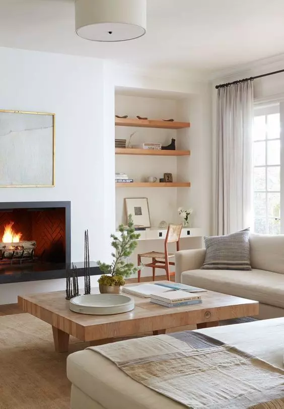 Gorgeous neutral California living room decor with built-in desk