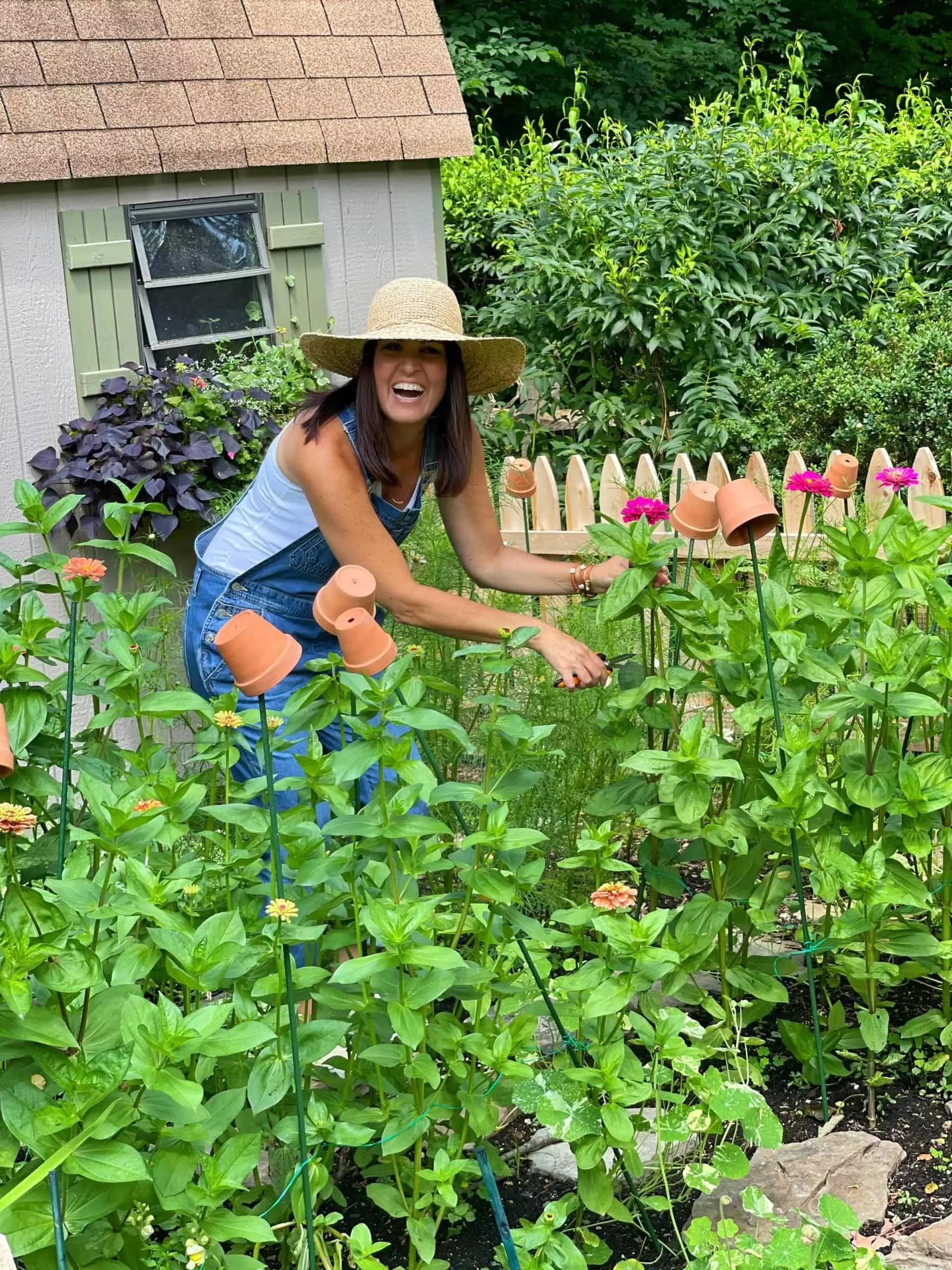 Home and Garden Blogger Stacy Ling cutting zinnia flowers in her cottage garden with a wood picket fence in front of a garden shed