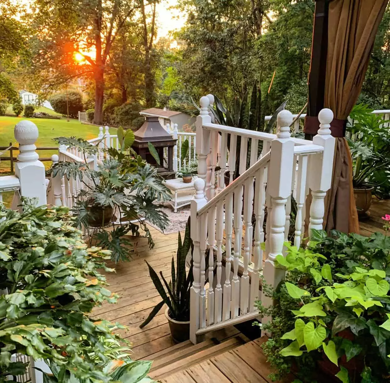 Outdoor dining space decorated for a picnic date with a vintage picnic basket filled with fresh-cut hydrangeas on a deck with wicker chairs, an outdoor area rug, a farmhouse table, and hanging baskets of pink superwave petunias hanging from a gazebo