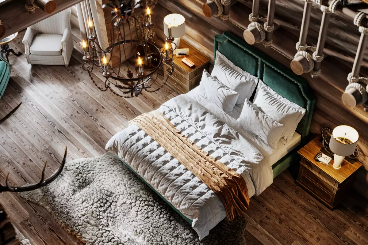 modern cabin bedroom with light-colored fabrics